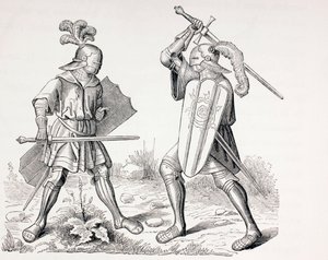 Two 15th Century Fully Armoured Knights Fighting with Swords and Shields, from 